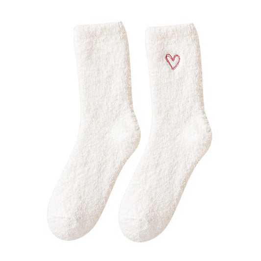 Ladies Socks | Fluffy Heart Embroidered Socks - White