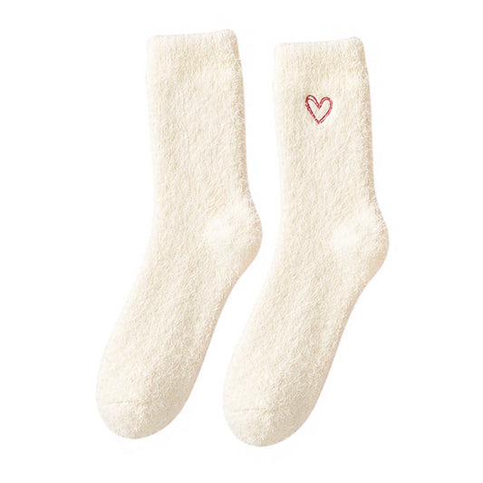 Ladies Socks | Fluffy Heart Embroidered Socks - Cream