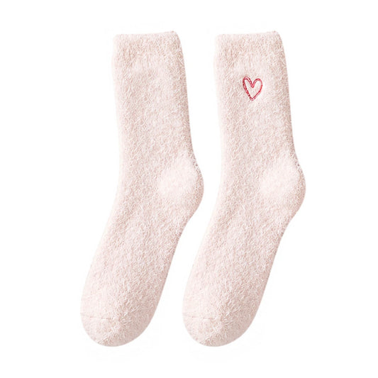 Ladies Socks | Fluffy Heart Embroidered Socks - Blush
