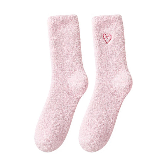 Ladies Socks | Fluffy Heart Embroidered Socks - Light Pink
