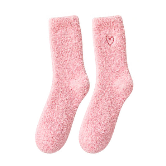 Ladies Socks | Fluffy Heart Embroidered Socks - Pink