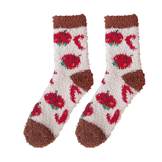 Christmas Socks | Apple & Candy Cane Fluffy – Cream & Brown
