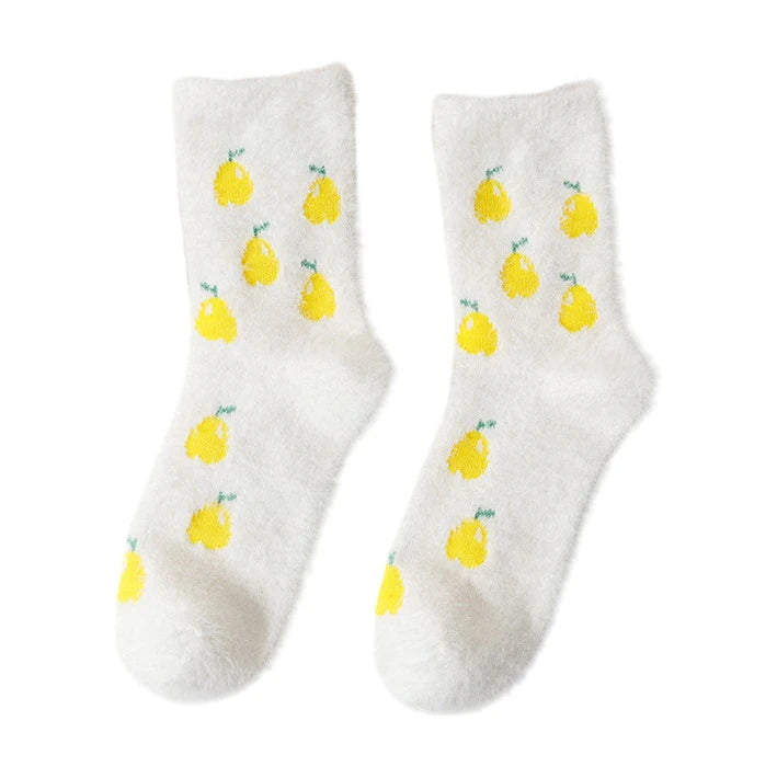 Ladies Socks | Fluffy Lemon Pattern Socks - White