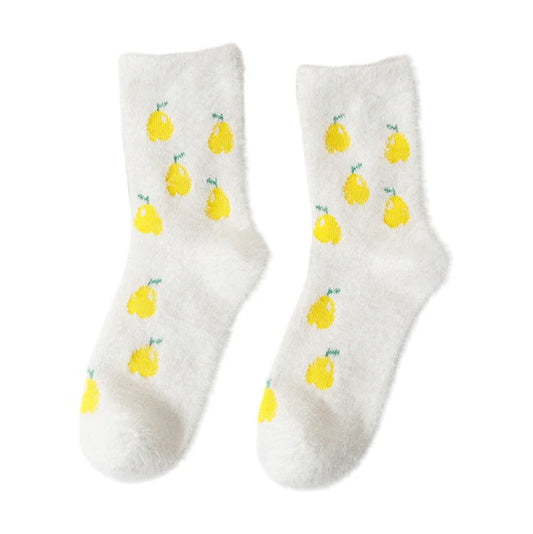 Ladies Socks | Fluffy Lemon Pattern Socks - White