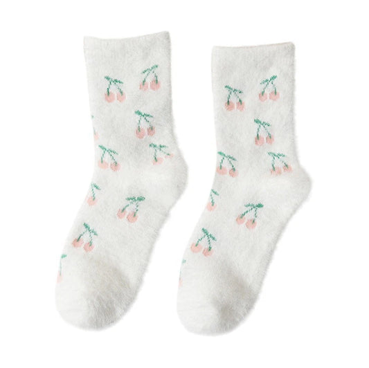 Ladies Socks | Fluffy Cherry Pattern Socks - White