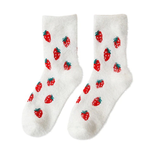 Ladies Socks | Fluffy Strawberry Pattern Socks - White