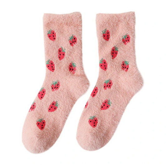 Ladies Socks | Fluffy Strawberry Pattern Socks - Pink