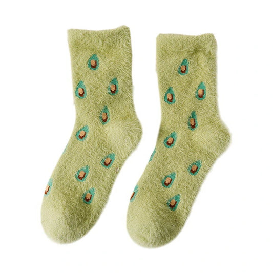 Ladies Socks | Fluffy Avocado Pattern Socks - Green