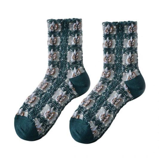 Ladies Socks | Raised Floral Pattern Detail - Green