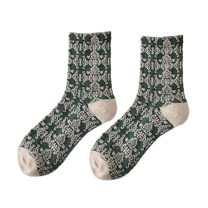Ladies Socks | Vintage Floral Jacquard Pattern - Green
