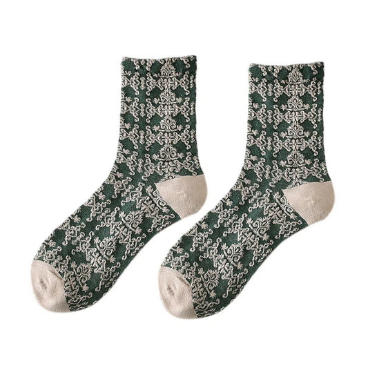 Ladies Socks | Vintage Floral Jacquard Pattern - Green