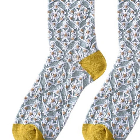 Ladies Socks | Geometric Floral Jacquard Pattern - Blue