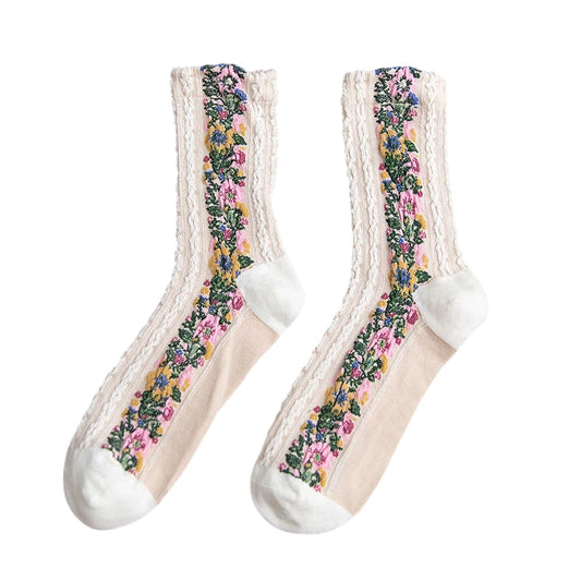 Ladies Socks | Floral Panel Texture Design - Cream
