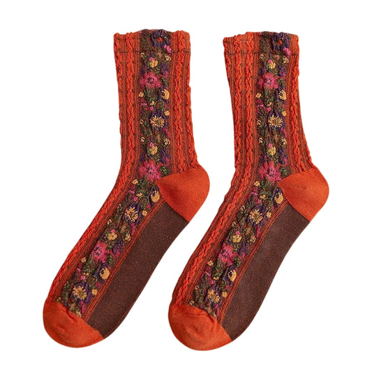 Ladies Socks | Floral Panel Texture Design - Orange