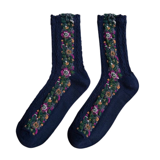 Ladies Socks | Floral Panel Texture Design - Navy