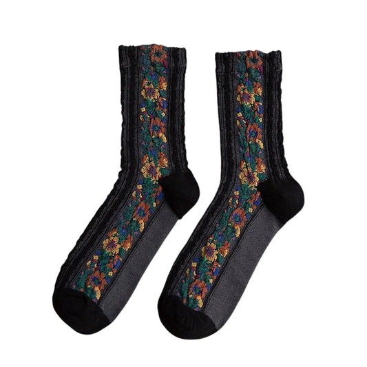 Ladies Socks | Floral Panel Texture Design - Black