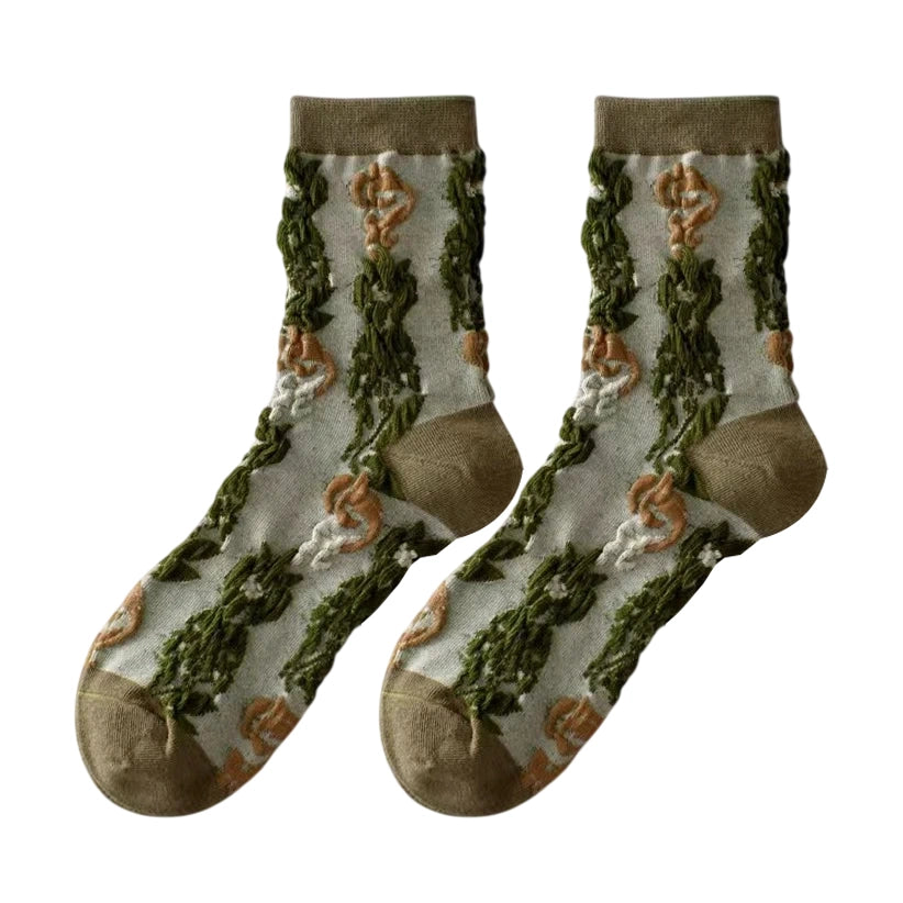 Ladies Socks | 3D Botanical Pattern Texture - Green