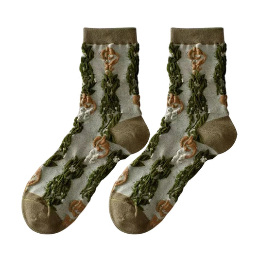 Ladies Socks | 3D Botanical Pattern Texture - Green