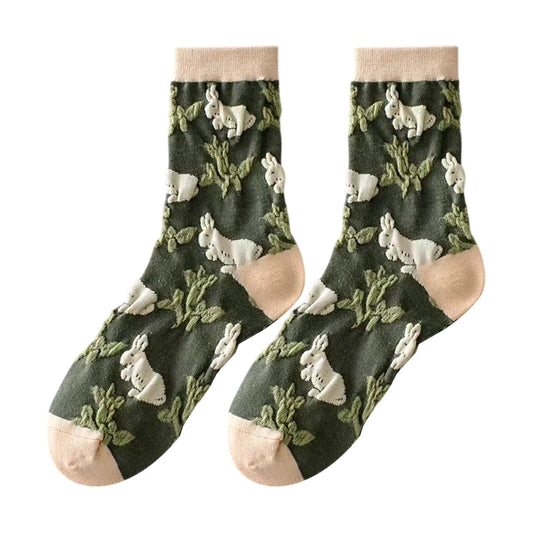 Ladies Socks | 3D Rabbit & Botanical Pattern - Green