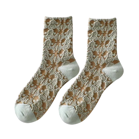 Ladies Socks | Textured Floral Lace Pattern - Beige