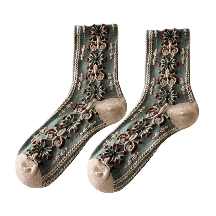 Ladies Socks | Raised Floral Medallion Pattern - Sage Green