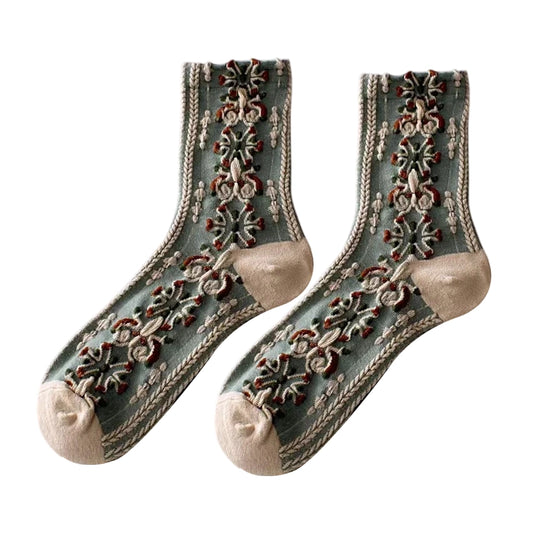 Ladies Socks | Raised Floral Medallion Pattern - Sage Green