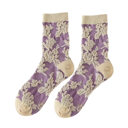 Ladies Socks | 3D Botanical Floral Pattern - Purple