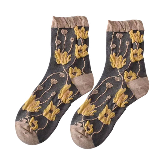 Ladies Socks | 3D Floral Appliqué Design with Textured Details - Charcoal Grey