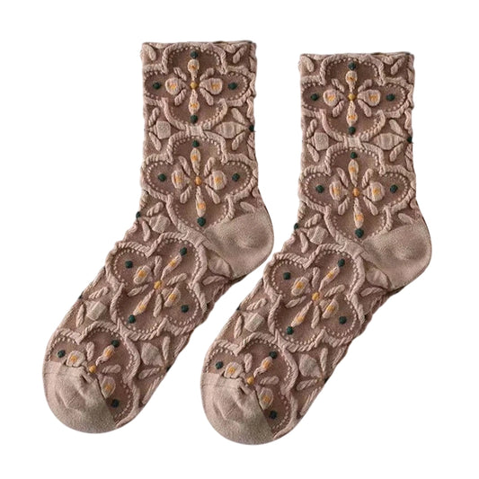 Ladies Socks | 3D Floral Embossed Pattern with Raised Texture Details - Beige
