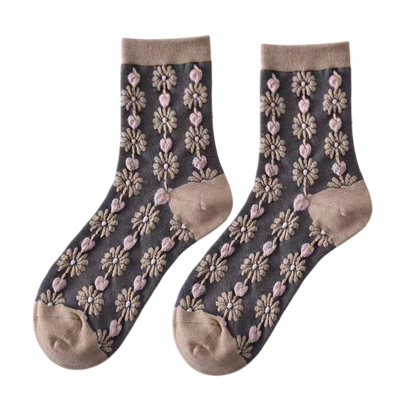 Ladies Socks | 3D Floral Embossed Design with Textured Raised Details - Charcoal Grey