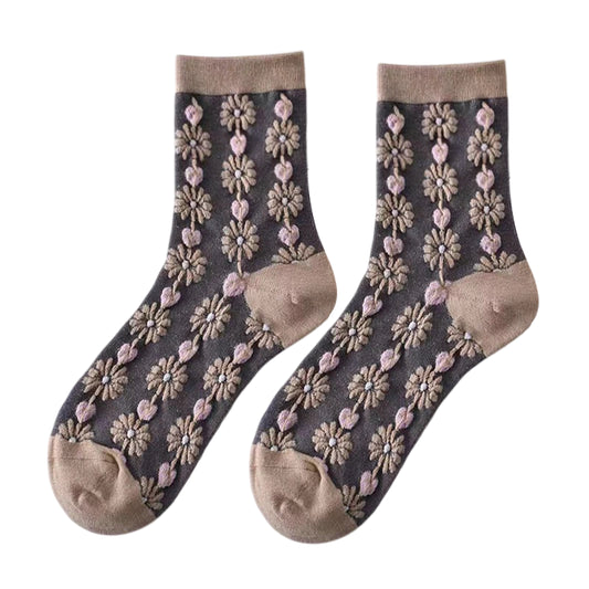 Ladies Socks | 3D Floral Embossed Design with Textured Raised Details - Charcoal Grey