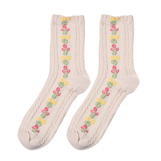 Ladies Socks | Floral Vine Pattern with Textured Knit Details - Cream