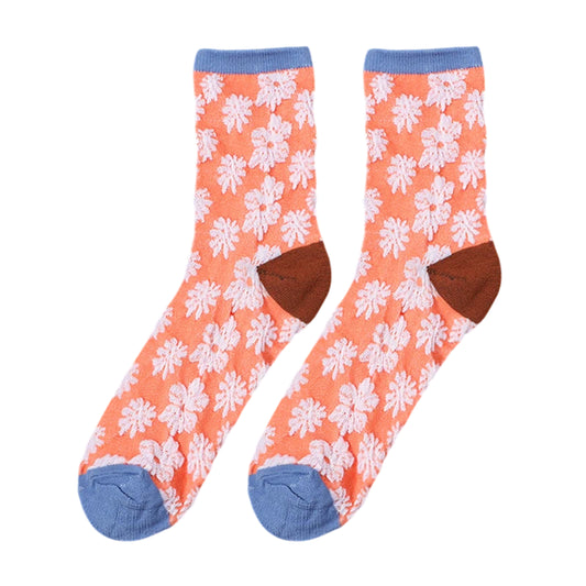 Ladies Socks | Floral Pattern with Contrast Colour Accents - Orange