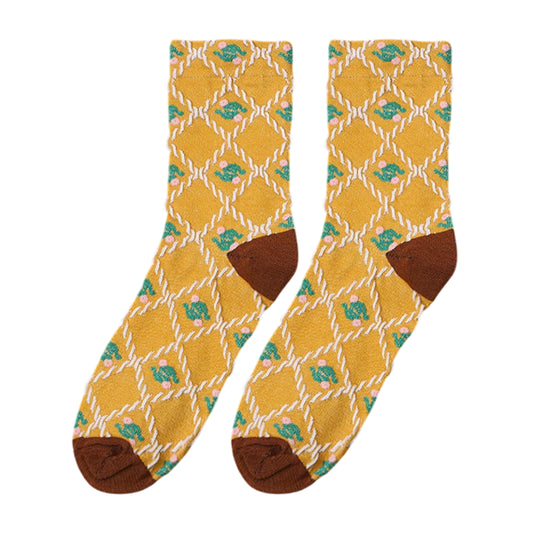 Ladies Socks | Geometric Floral Pattern with Contrast Heel & Toe Details - Mustard
