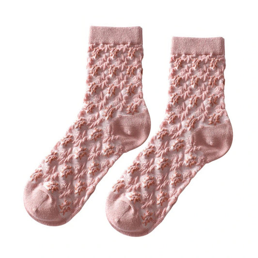 Ladies Socks | 3D Textured Floral Pattern with Raised Detail Design - Pink