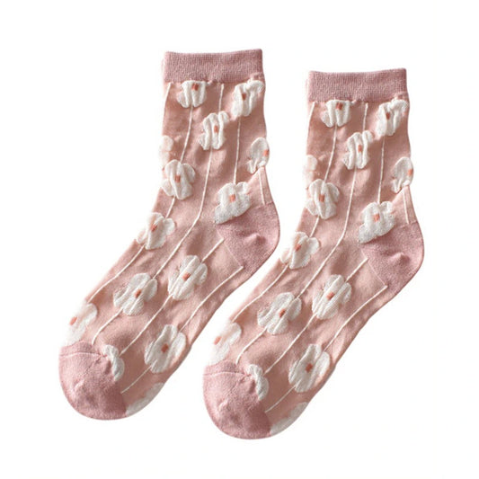Ladies Socks | 3D Flower Appliqué Pattern with Sheer Textured Details - Pink