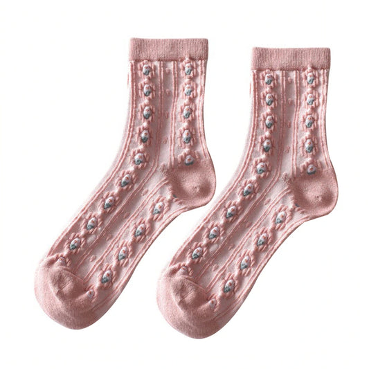 Ladies Socks | Delicate Floral Dot Pattern with Textured Knit Details - Pink