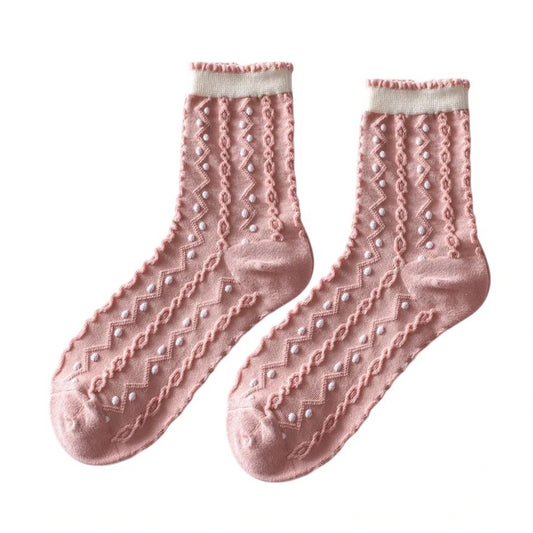Ladies Socks | Textured Geometric Pattern with Pearl Detail Accents - Pink