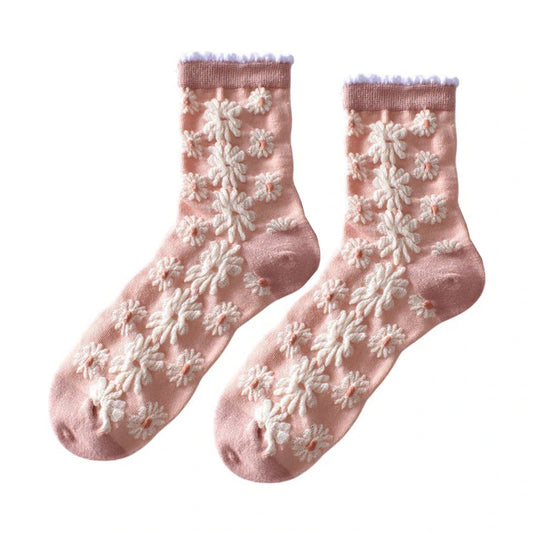 Ladies Socks | 3D Floral Embossed Pattern with Soft Textured Details - Pink