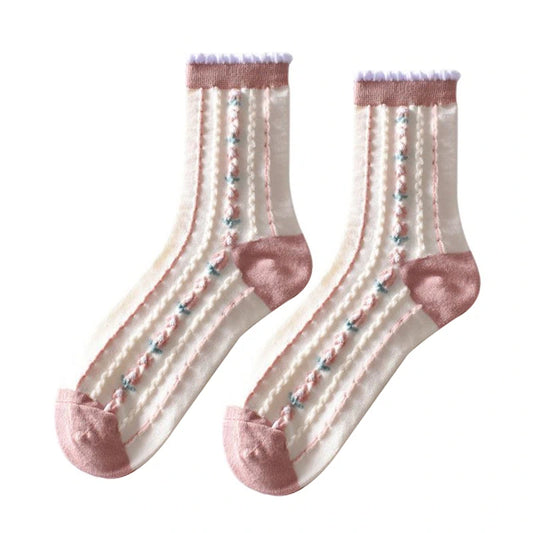 Ladies Socks | 3D Textured Stripe Design with Delicate Floral Accents - Pink & White