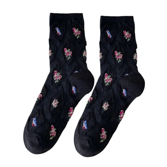 Ladies Socks | 3D Diamond Floral Pattern with Raised Texture – Black
