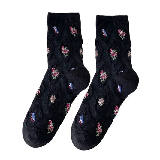 Ladies Socks | 3D Diamond Floral Pattern with Raised Texture – Black