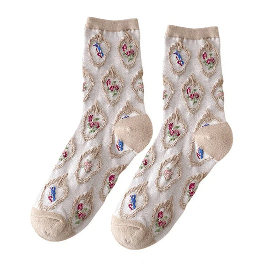 Ladies Socks | 3D Diamond Floral Pattern with Raised Texture – Beige