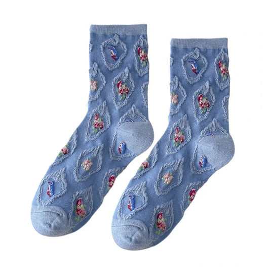 Ladies Socks | 3D Diamond Floral Pattern with Raised Texture – Blue