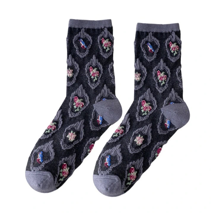 Ladies Socks | 3D Diamond Floral Pattern with Raised Texture – Dark Grey