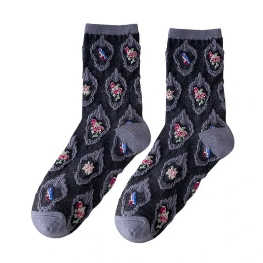 Ladies Socks | 3D Diamond Floral Pattern with Raised Texture – Dark Grey