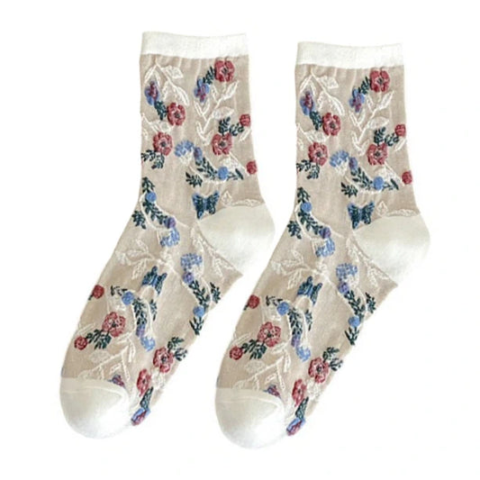 Ladies Socks | 3D Raised Floral Pattern with Textured Detail – White