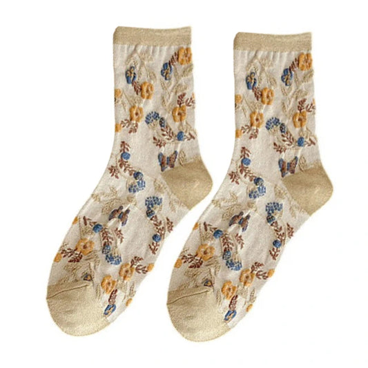 Ladies Socks | 3D Raised Floral Pattern with Textured Detail – Beige