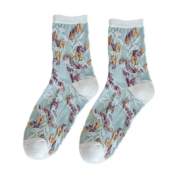 Ladies Socks | 3D Raised Floral Pattern with Textured Detail – Blue