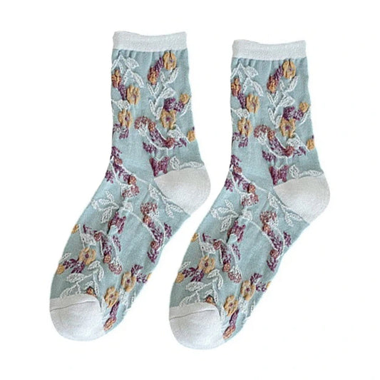 Ladies Socks | 3D Raised Floral Pattern with Textured Detail – Blue